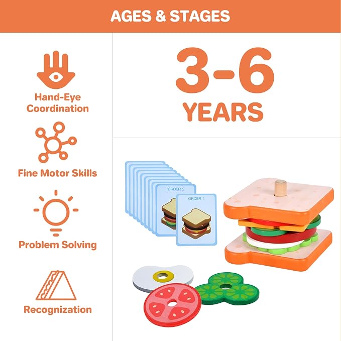 Pajojoqa Wooden Sandwich Stacking Toys, Montessori Toys for Toddlers Kitchen Play Food Educational Preschool Learning Toys Christmas Birthday Gift Kids Toys for Boys Girls 3 4 5 Years Old (Sandwich)