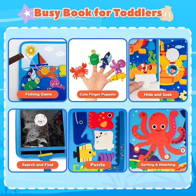 Toddler-Busy-Board, 10-Page Ocean Busy-Book, Learning Sensory-Board-Toys | Educational Quiet Activity Book with Sea Animals & Life Skills, Baby Book Sensory Fine Motor Toy for Airplane Car Travel Toys