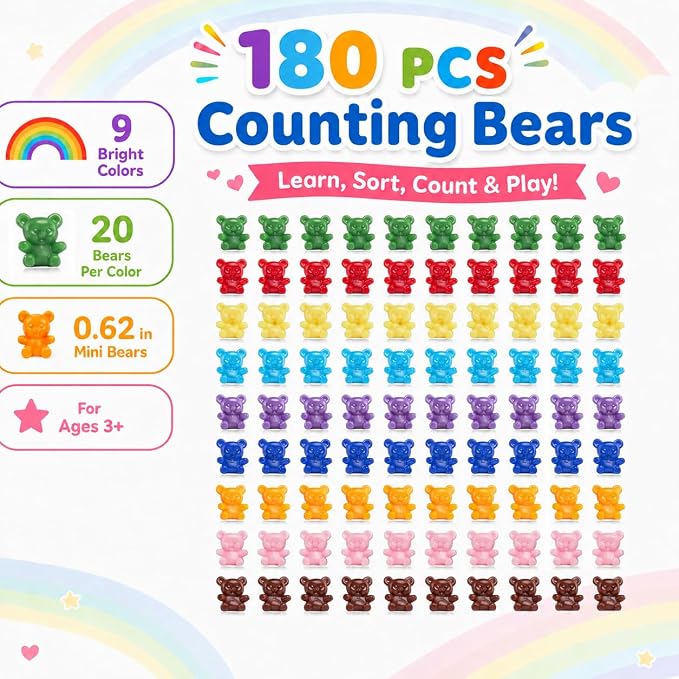 XINHUIDALSQ 180 Pcs Counting Bears, 0.62'' 9 Colors Rainbow Counting Mini Bears, Plastic Sorting Bear Counters Math Manipulatives for Ages 3+ Kids, Back to School Supplies