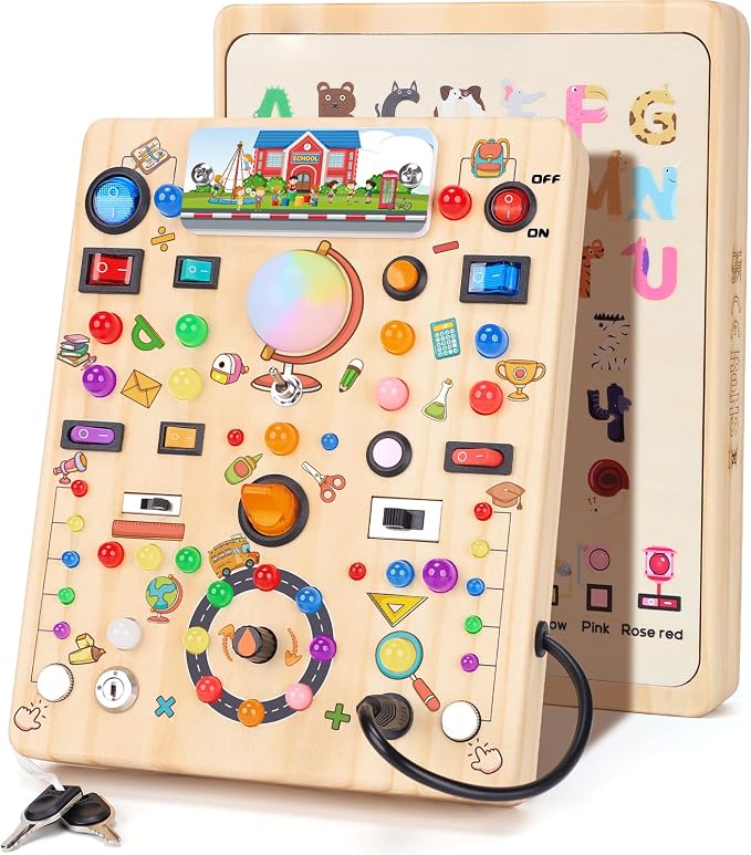 Busy Board with 19 LED Light Switches, Montessori Toys for 1 2 3 Years Old, Wooden Sensory Board, Toddlers Activity Travel Toys for 1 2 3 Year Old Boy & Girl Birthday Gift (Big School)