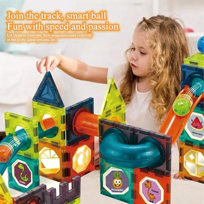 Light Magnetic Tiles Building Blocks for Kids,3D Clear Educational STEM Building Toys,Magnetic Marble Run Blocks Toys for Kids Ages 3 4 5 6 7 8 10+Year Old Boys Girls Creative Gift(110 PCS)