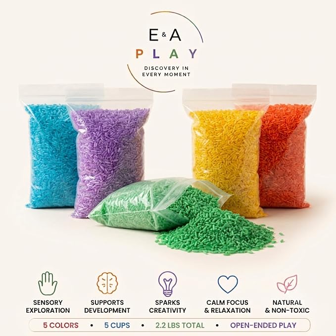 Rainbow Sensory Rice/Bin Filler for Calm, Creative Play. 5 Colors, 5 Cups (2.25 lbs). Montessori Fine Motor Activity for Kids- Non-Toxic, Hand-Dyed, Sensory Toy - Made in USA (5 Cups, 2.2 LBS)