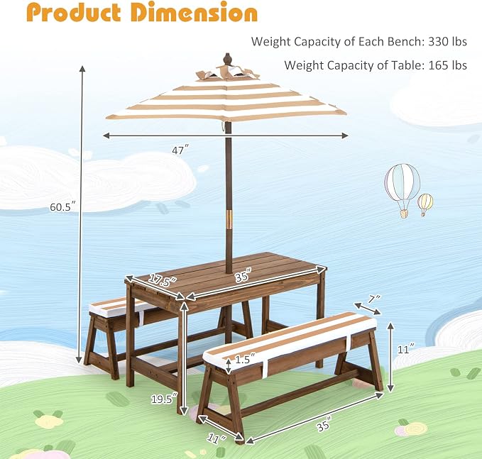 Costzon Kids Picnic Table, Toddler Wood Table & Chair Set w/Cushions, Height Adjustable Umbrella, Children Activity Table Outdoor Furniture Set for Patio, Garden, Backyard, Gift for Ages 3-8 (Coffee)