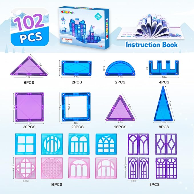 MAGBLOCK 102PCS Magnetic Tiles Building Blocks Set Strong Magnets | Kids Toys for Ages 3+ Girls & Boys, Perfect Gifts STEM Educational Sensory Toys for Preschool Learning