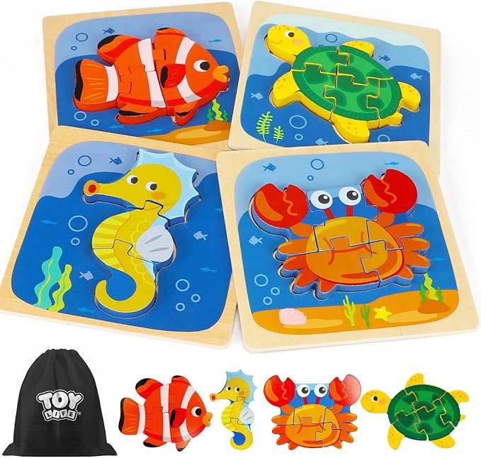 TOY Life Wooden Puzzles for Toddlers 2-4, Sea Animals Puzzles for Toddlers 1-3, Wood Puzzles Educational Montessori Toys Gifts for 1 2 3 Year Old, Baby Kids Learning Toy