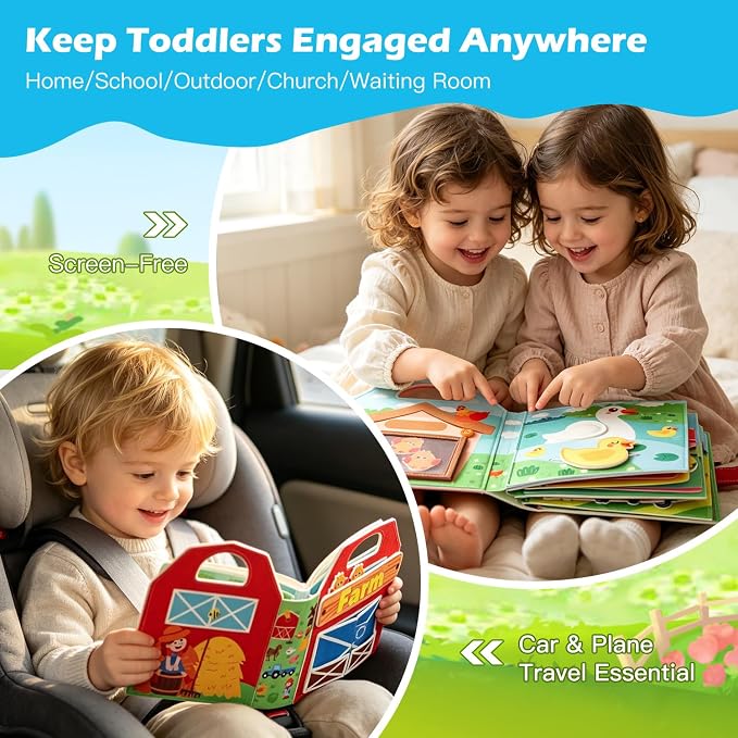 Farm Animals Busy Book for Toddlers 1-3,Montessori Toys 1 Year Old Busy Board,Felt Activity Quiet Book,1 Year Old Toddlers Gifts, Travel Toys for Toddlers 2-4, Children's Birthday
