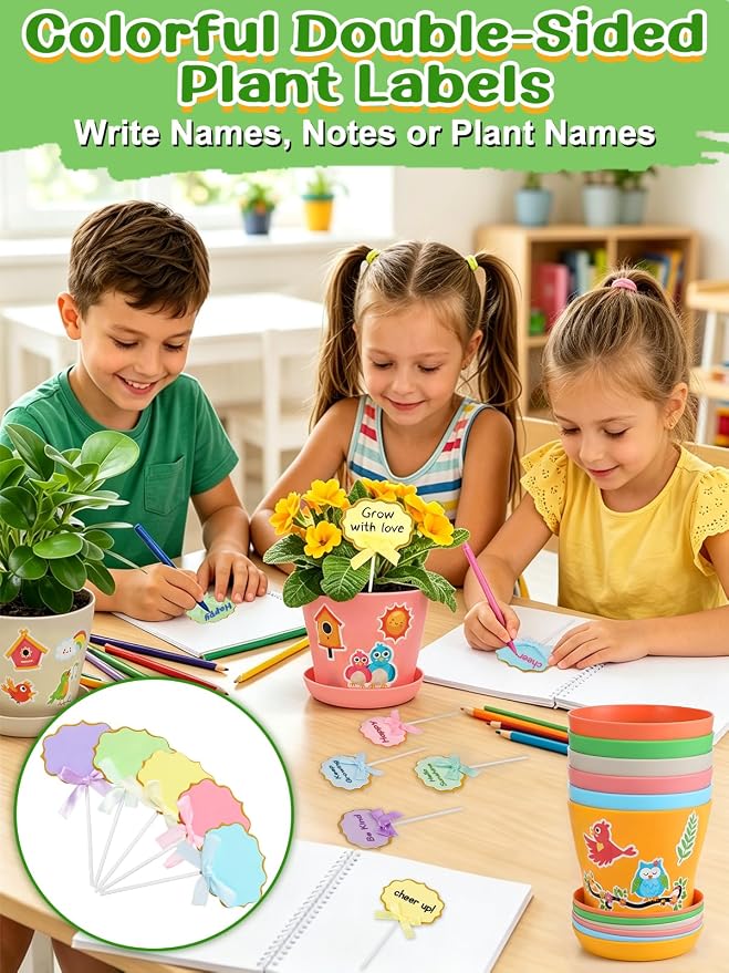 Cosweet 24Pack Durable Resin Garden Plant Pots Kit for Kids Crafts 4+ Years | School Activities Growing Kit, with Stickers & Blank Labels, Colorful Flower Pots, Spring Crafts, for Classroom Home DIY Gift