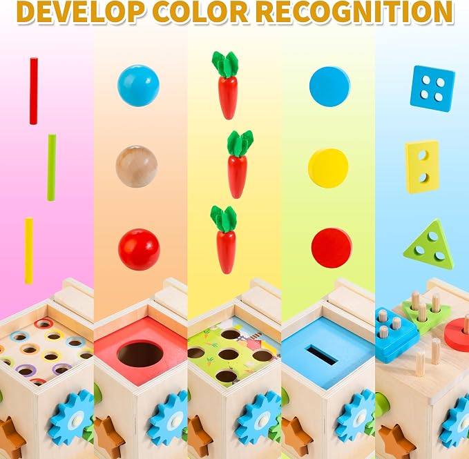 Kizfarm 8-in-1 Wooden Educational Play Kit, Montessori Toys for 1 Year Old | One Year Old Birthday Gifts, Object Permanent Box, Coin Box, Carrot Harvest, Shape Sorting & Stacking, Fine Motor Skills