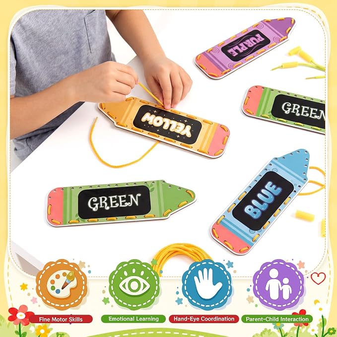 Funrous 10 Pieces Kids Recognition Lacing Cards,Color | Thick Cardboard Educational Sewing Cards, Double Sided Lacing Playing Games, For Preschool Developing Imagination Supplies