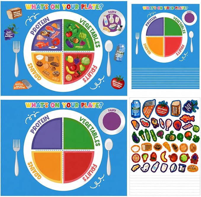 Cinrobiye 24 Set My Plate Food Sticker Set, Vegetables, Fruits, Protein and Grains Display Cards with Food Chart for Nutrition Demonstrations, Creative Projects and Educational Presentations