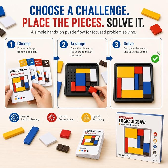 2 Pack Logic Puzzle Brain Teaser Game for Kids and Adults, 2 Complete Sets with 88 Challenges Each, 4 Difficulty Levels, Portable Travel Brain Game, Screen-Free Learning by Sooshoom