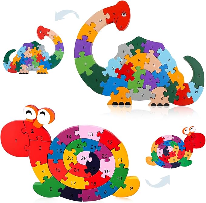 LovesTown Wooden Puzzles, Snail & Dinosaur, Double-Sideld | Alphabet & Number Learning, Montessori Toy, for Kids, Shape Recognition, Fine Motor Skills, Screenless Play