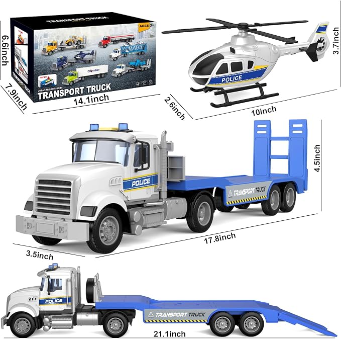 DOWELLIN Toddler Boy Toys for 3 4 5 6 Year Old, 22” Semi Truck Toy with Helicopter - Police Toys, Birthday Gifts for Kids Child 3+ Years Old
