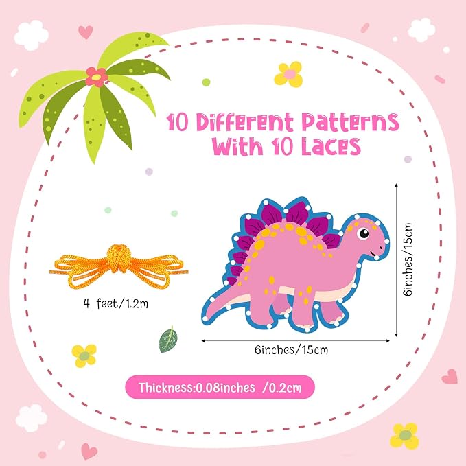 10 Pcs Kids Lacing Cards Double Sided Animal Sewing Cards Kits 10 Styles Lacing Toy Crafts for Toddler Ages 6+ Developing Imagination Preschool Learning Activity Supplies(Dinosaur Style)