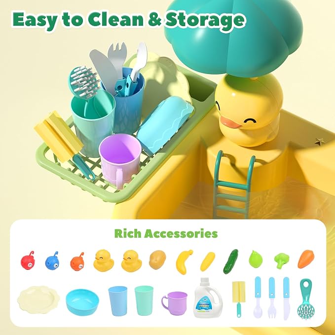 CUTE STONE Play Sink with Running Water, Kitchen Sink Toys for Pretend Play | Play Food, Kitchen Utensils, Pool Floating Toy for Fishing Game, Children Electric Dishwasher Toy Gift for Kids Boys Girls