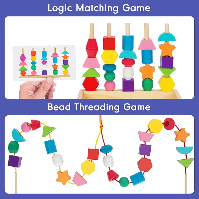 TooyBing Montessori Wooden Lacing Beads Toys for 3 4 Year Old Toddler Kids, Sequencing & Stacking Block Toy with Storage Box, STEM Preschool Learning Toys, Christmas Birthday Gifts for Boys Girls