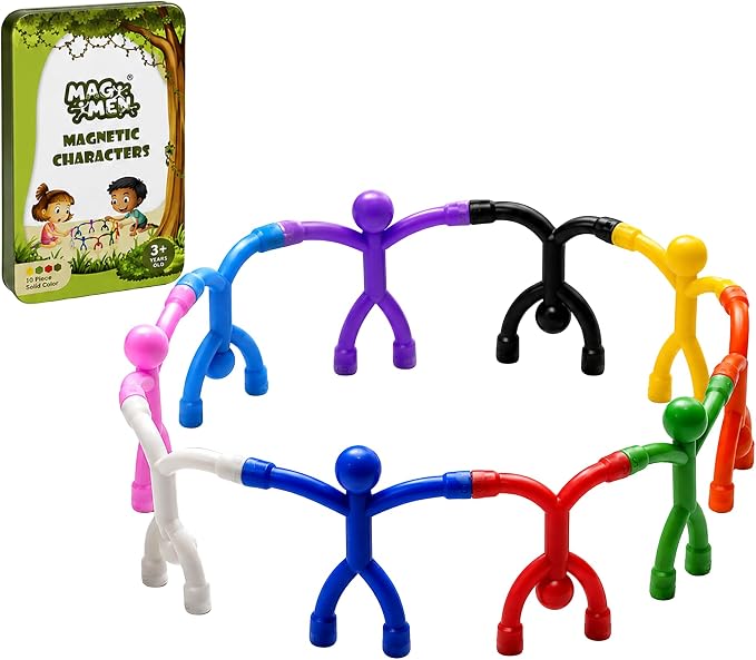 MAGMEN Magnetic People Figures 10 Pc, Magnet Men Kids Airplane Travel Toys | 3 in. poseable fidget figures, solid colors, magnets securely embedded. Quiet car, desk and road trip play. With metal tin.
