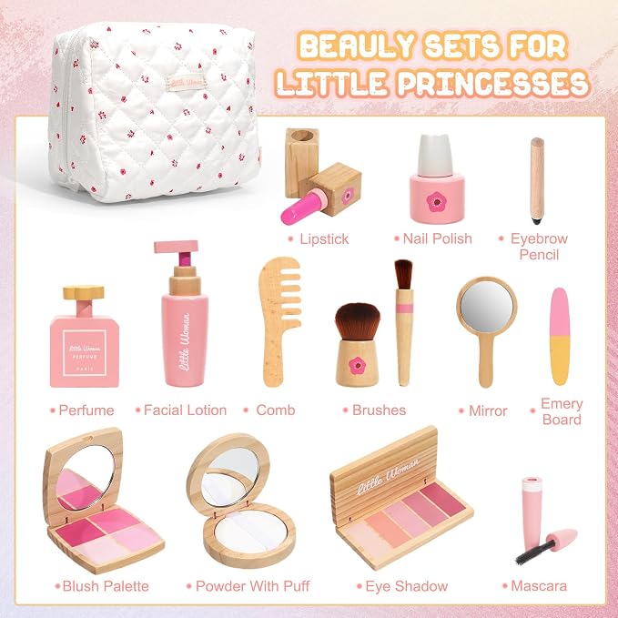 Wooden Pretend Play Makeup for Toddlers 1-3,100% Safe & Non Toxic | Natural Wood,Mess Free,Sparks Imagination,Montessori Toy Builds Fine Motor Skills,Birthday Gift For 1-3 Year Old Girls