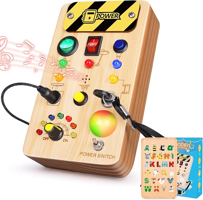 TINTECUSA Busy Board Montessori Toys for Toddler, Wooden Sensory Board Switch Toy with Color-Changing LED Light Up Travel Toys Educational Plane Travel Activity for 1-6 Year Old Girls & Boys Gifts