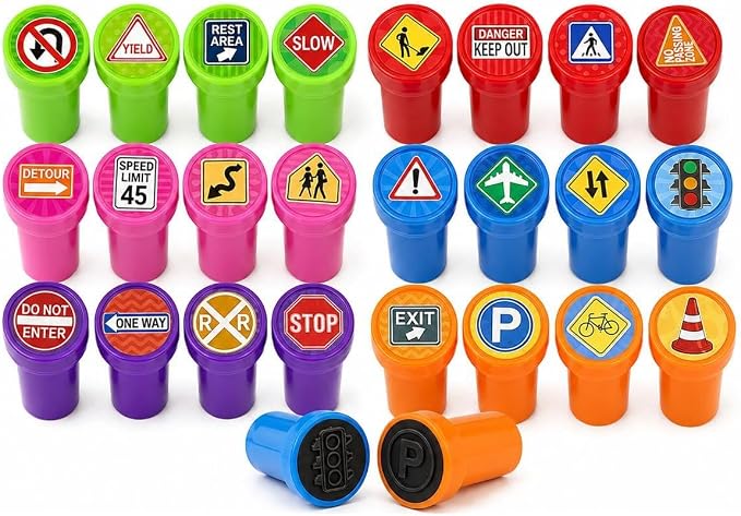 Cinrobiye 24 Pcs Traffic Sign Stampers Party Favor Set, Cute Road Safety Stamps for Kids Birthday Party, Classroom Rewards, Learning Activities, Goody Bag Fillers, Educational Party Supplies