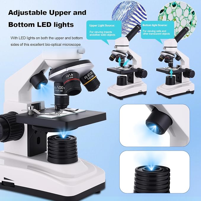 Microscope for Adults & Kids, 40X-2500X High-Power Compound Microscope for Students, School Lab & Home Schooling,Equiped with Slides Set & Phone Holder (White)