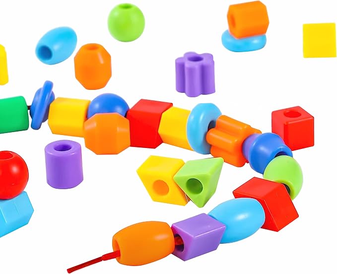 KUTOI Plastic Lacing Beads for Kids with Fun Shapes, Long String, and Brilliant Colors, Educational Occupational Therapy Toys-Fine Motor Toys，Montessori Toy for 3 Year Old and Above（70 pcs）