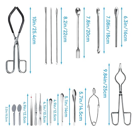Chemistry Lab Tool Set, Stainless Steel | Crucible tongs, lab spatula scoop, U shape spoon, test tube clamp, forceps tweezers, chemistry starter tools