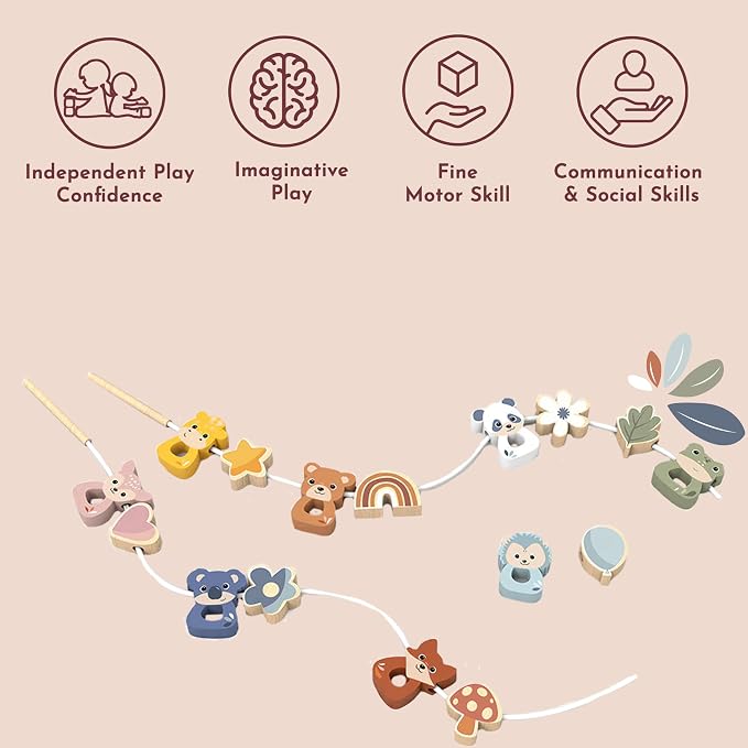 Wooden Lacing Beads Set for Toddlers 24m+ Threading Toy | animal shapes, threading beads, lacing toys, sorting & stacking toys, preschool toys, pattern color recognition, fine motor