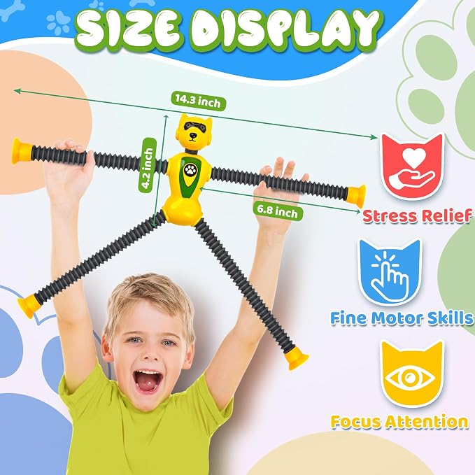 4PC Robot Dog Sensory Pop Tube Travel Toys for Boys Toddler Kid Airplane Car Toy Activities Autistic Road Trip Suction Tube for Boy 3 - 8 ADHD Autism Easter Basket Stuffers Valentine Gift