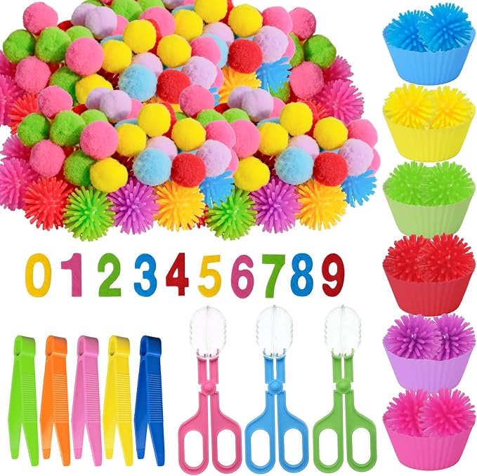 188 Pcs Fine Motor Skills Counting Sorting Sensory Toy Set 72 Hedge Ball 5 Tweezer 3 Scissor Clip 18 Sorting Cup 60 Pom Pom 30 Number Ornament for Education Preschool Training