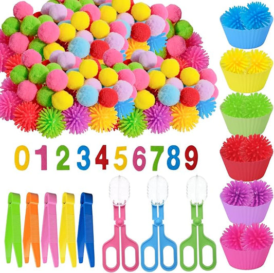 188 Pcs Fine Motor Skills Counting Sorting Sensory Toy Set 72 Hedge Ball 5 Tweezer 3 Scissor Clip 18 Sorting Cup 60 Pom Pom 30 Number Ornament for Education Preschool Training