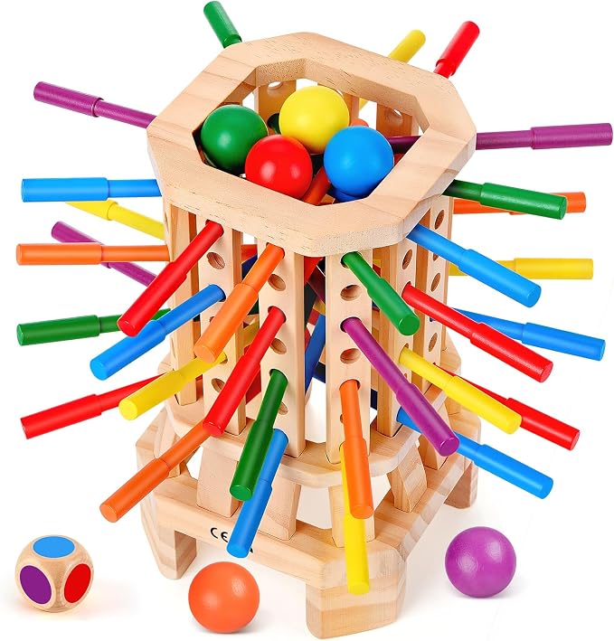 Montessori Wooden Board Game, Colorful Sticks & Ball Drop Games for Kids, Fine Motor Skills & Math Learning Toy for 3 4 5 6 Year Old, 2-6 Player Family Travel Game, Birthday Gift for Boys Girls Age 3+
