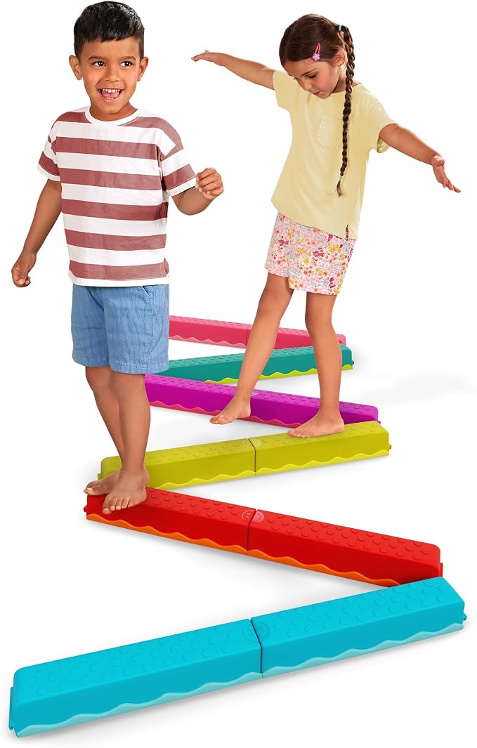 B. toys Balance & Hop Beams, Interlocking Balance Beam Set, Rainbow, Summer | 10 interlocking beam sections in rainbow colors for active play; stackable and compatible with matching sets; 3+ Years