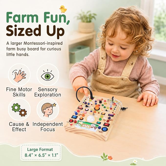 HarVow Busy Board with LED Light Switches, Montessori Toys for 1 2 3 Years Old, Toddlers Wooden Toy Sensory Activity Board, Travel Toys for 1+ Year Old Boy & Girl Birthday Gift (Farm 19 Switches)