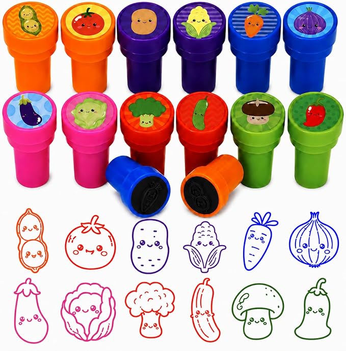 Cinrobiye 24 Pcs Vegetable Stampers Party Favor Set, Cute Veggie Stamps for Kids Birthday Party, Classroom Rewards, Educational Learning Toys, Goody Bag Fillers, Healthy Food Party Supplies
