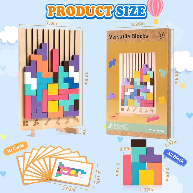 Montessori Wooden Stacking Puzzle Toy, 3D Color Stack Game for Kids Ages 3+ | 42 Solid Wood Blocks Puzzle, Smooth Edges, Logic Development, Brain Teaser, Giant Stacking Challenge Game, Preschool, Family