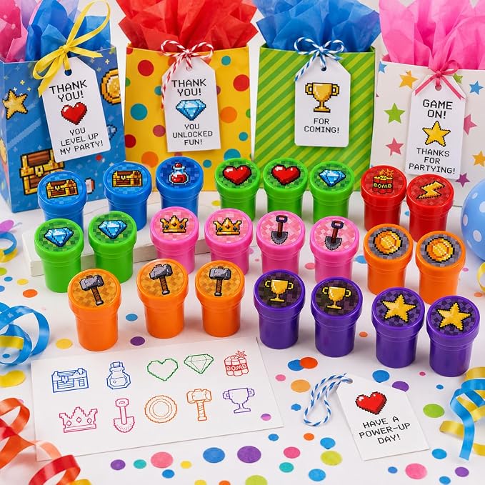 Cinrobiye 24 Pcs Pixel Stampers Party Favor Set, Cute Pixel Art Stamps for Kids Birthday Party, Classroom Rewards, Gaming Themed Party Supplies, Goody Bag Fillers, Retro Pixel Toys