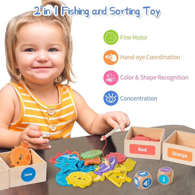 Montessori Fishing Game for Toddlers,Wooden Magnetic Fishing Game,Early Educational-Shape & Color Sorting Toy for Kid 3-5,Preschool Learning Fine Motor Skill,Classroom Matching Activity