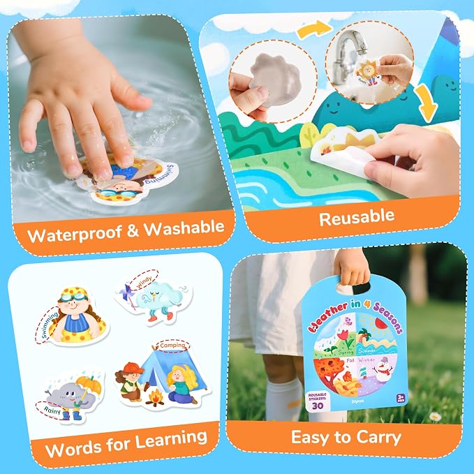 JoyCat Reusable Weather Theme Sticker Book, Travel Toys for Toddlers & Kids | Washable stickers make a kids' activity book for car, airplane and road trips; educational birthday gifts for boys and girls.