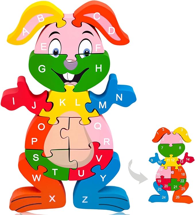 LovesTown Puzzle for Kids, Wooden, 3D Rabbit Shape | for Ages 3-5, Double-Sided, Alphabet Recognition, Number Counting, Fine Motor Skills, Montessori Learning Gifts