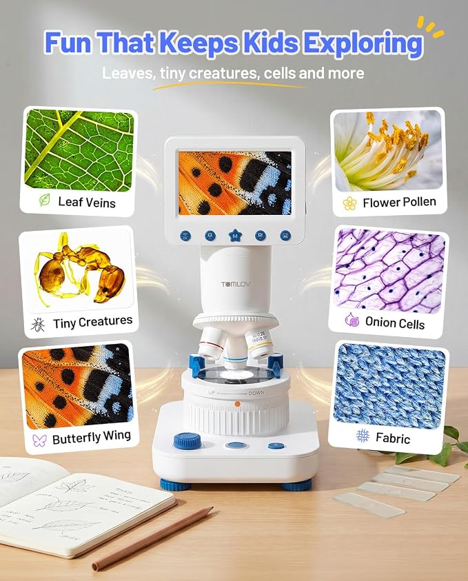 TOMLOV DM302K Microscope for Kids, 800X Science Kit, 4.3" Screen STEM Toy | 12 Prepared Slides, Easy Focus, Beginner-Friendly, Wireless Phone Sharing, USB PC Disply, Photo & Video, Dual LEDs, Ages 6-12