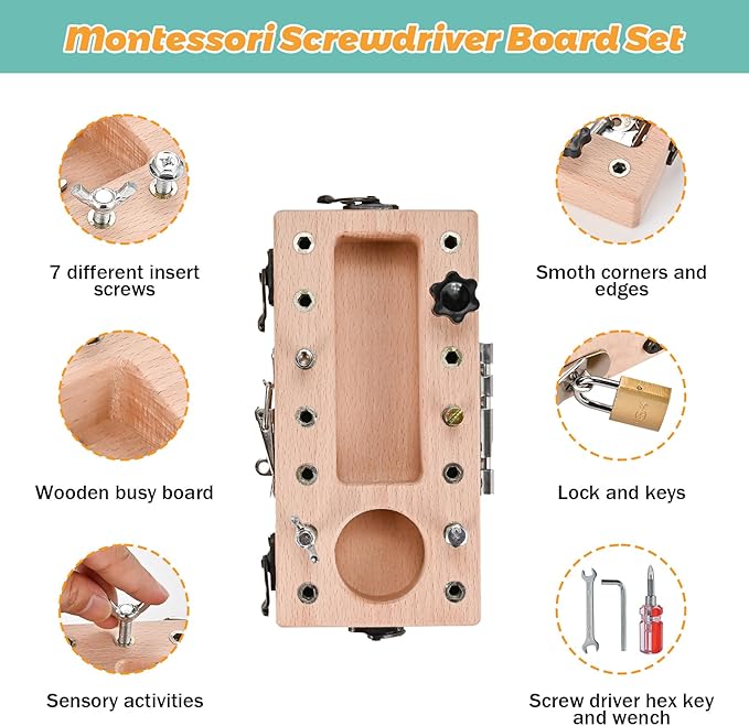 Montessori Screwdriver Board Set with Lock and Key, Montessori Toys for 3 4 5 Year Old, Wooden Screw Driver Activities Tools, Fine Motor Skills Preschool Learning Sensory Toy