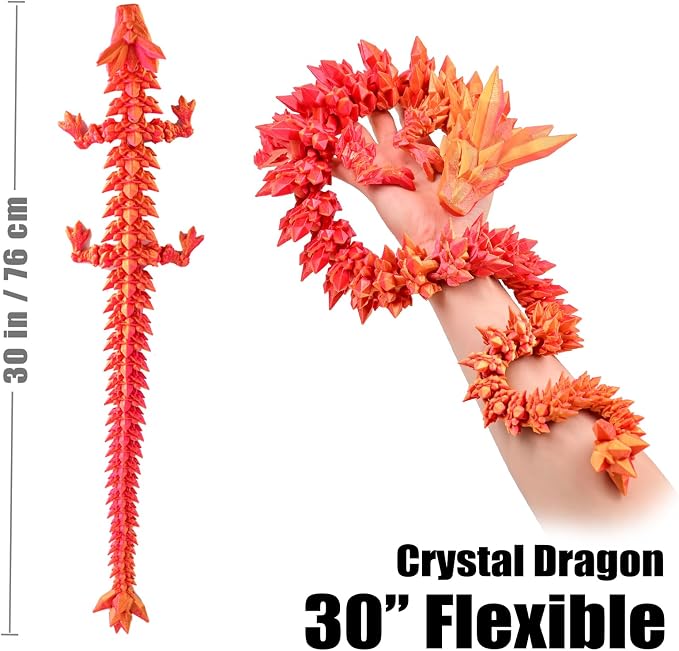 30 Inch Large 3D Printed Dragon 76cm Long Fidget Toy Gift Decor | Flexible Giant Articulated Dragon Toy, Home Desk Decoration, Birthdays Christmas Gift for Kids Boys Girls Adults, Red Gold