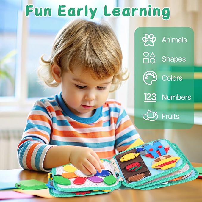 Cobelae Busy Book for Toddlers 1-3, Montessori Toys for 1 Year Old | Felt Toddler Busy Board, Travel Toys for 1-3, Sensory Learning Quiet Activity Book, Gifts for Baby Age 1+
