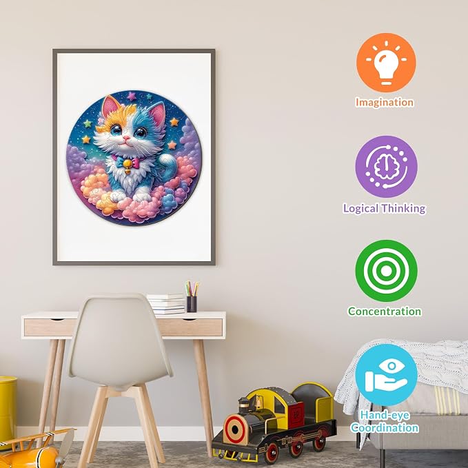 Rainbow Wooden Puzzles for Kids - Celestial Kitten | 50 Piece Puzzles for Kids Ages 6-8, Kids Puzzles with Unique Animal Shapes, Round Gift for Girls and Boys (11.4 * 11.4 in)
