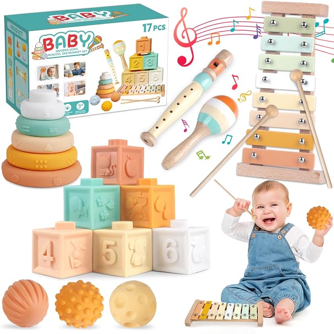 6-in-1 Montessori Baby Toy Set with Musical Instruments Toddler Baby Gift | Wooden xylophone with 2 sticks, maraca and clarinet; 6 soft blocks, 5 stacking rings, 3 sensory balls; music and sensory play