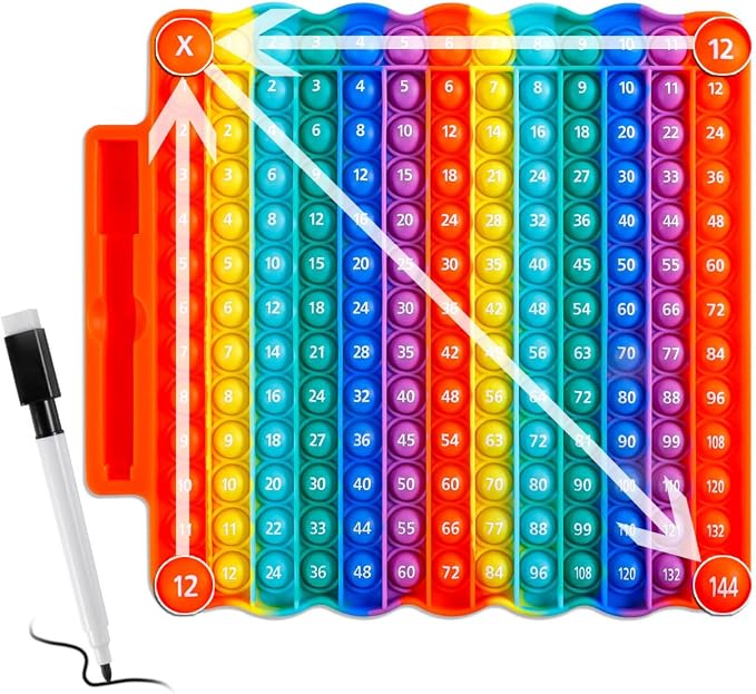 e3 Multiplication Table Game Pop Fidget Learning Toy Educational Math Game Board with Marker Rainbow Colors Educational Multiplication pop 12x12 Board Math Addition Stress Toy