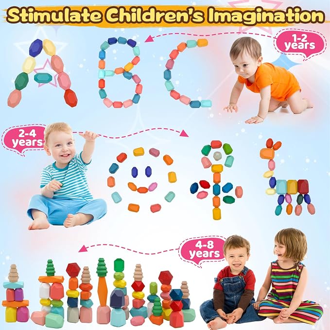 MEGRANATE 58PCS Montessori Wooden Stacking Rocks Toys Colorful Stacking Stones Building Blocks Games Sensory Toy for Kids Educational Learning Toys for 3+ Years Old Kids
