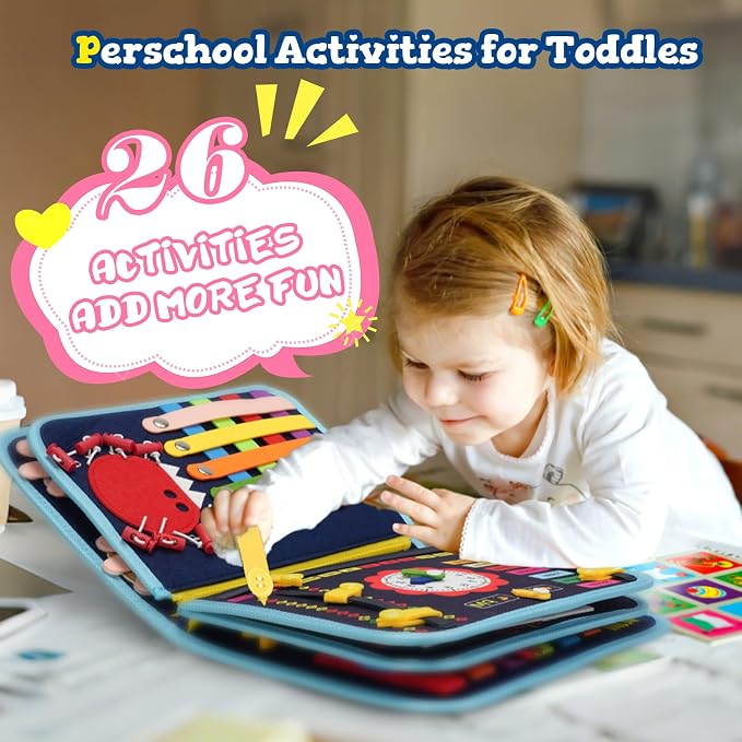 Montessori Busy Board & Busy Book for Toddlers with 20+ Learning Activities, Sensory Activity Toy for Fine Motor Skills, Montessori Learning Toy, Quiet Travel Toy for Airplane & Car, Birthday Gift