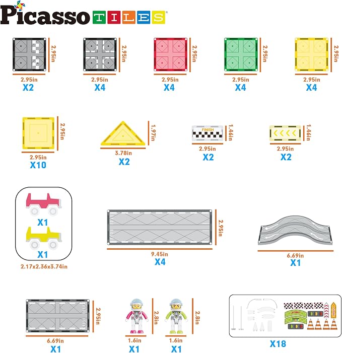PicassoTiles Magnet Tile Race Car Track Construction Building Block Toy Kit with Character Action Figures and Racing Cars Magnetic Tiles STEM Educational Learning Pretend Play Blocks Kids Age 3+ PTR05